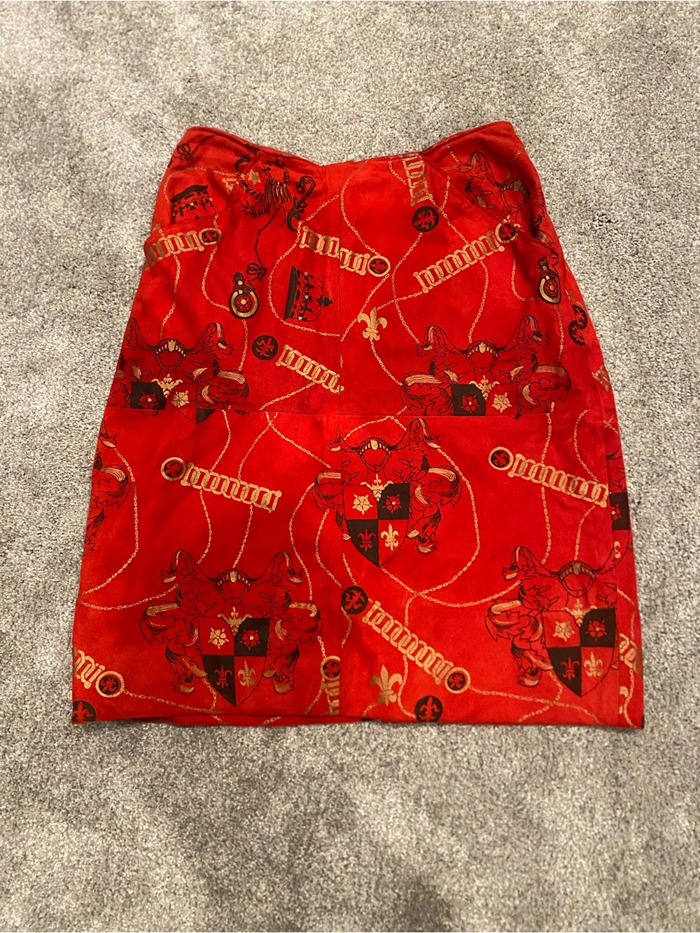 Vintage Red Heraldic-Print Pencil Skirt with Gold Accents